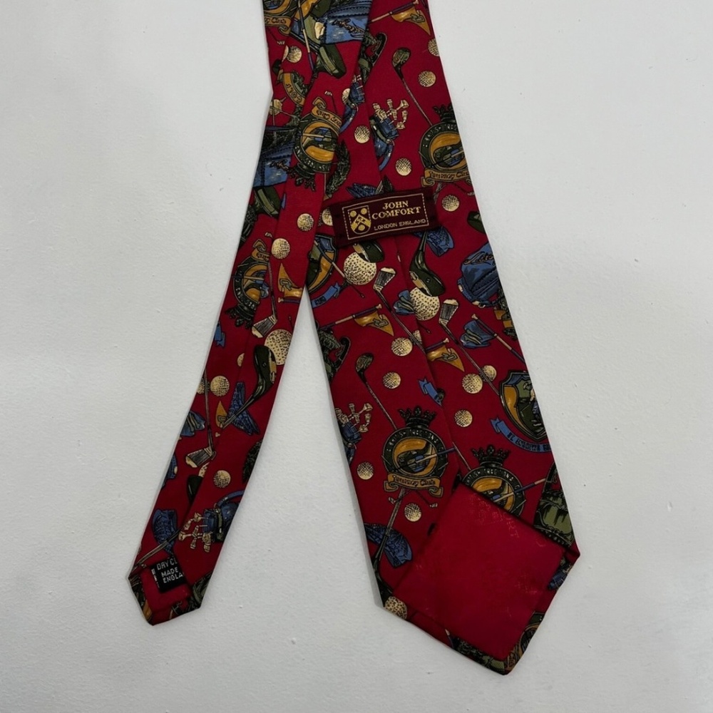 Vintage John Comfort Silk Tie Red Golf Theme Made in England 3.5"x57" - Picture 7 of 7